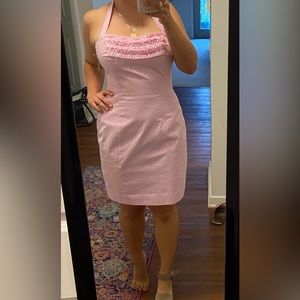 Lilly Pulitzer Maureen Pink Candy stripe Halter Dress Ruffle Trim Boned 🩷 Sz 10